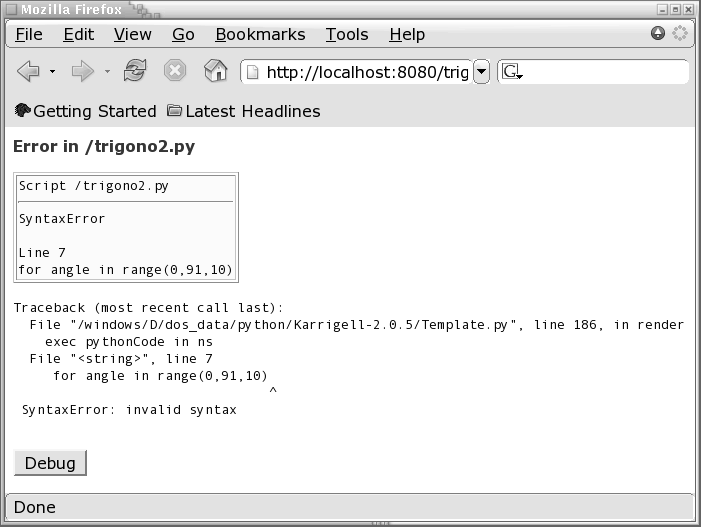 Page web afichant un cadre d'erreur et un traceback